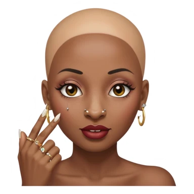 Grown black (proud) woman, bald with a perfect head, a prominent nose with a septum piercing, many piercings on her ears, a gap between her front teeth and very long nails (cynthia erivo) a proud lesbian, with long lashes and her finger tapping the top of her head sticker