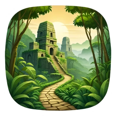 Icon for Adventure Movie: A vintage movie poster-style design with a jungle clearing path, dense foliage surrounding it. In the distance, ancient ruins peek through the trees. The atmosphere is mysterious and adventurous, with soft light cutting through the trees. Transparent background. sticker