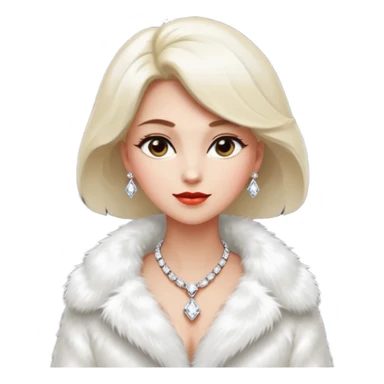 * Character: A stylish lady
* ﻿﻿Clothing: A luxurious white fur coat
* ﻿﻿Accessories: A dazzling diamond necklace
* ﻿﻿Expression: Confident, elegant, maybe slightly glamorous
* ﻿﻿Pose: Head slightly tilted or a poised posture
* ﻿﻿Style: Emoji-like, simple but expressive sticker