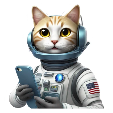 a space cat making a call with a cellphone, it wears space laser powered helmet and fancy space accessories  sticker