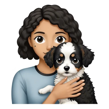 Person holding black and white jackapoo, dog had black ears and black circles around eyes sticker