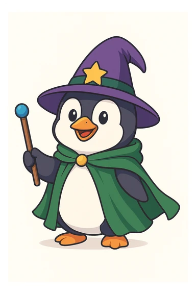 A penguin wizard with a pointy hat and a magic wand and a green cape sticker