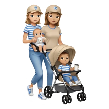A mom with a brown stroller, a coffee cup attached to it. Inside, a 6-month-old baby boy with light brown hair and blue eyes. The mom is wearing a beige T-shirt and a matching beige cap. The baby is dressed in white sneakers, a white and blue striped T-shirt, and jeans sticker