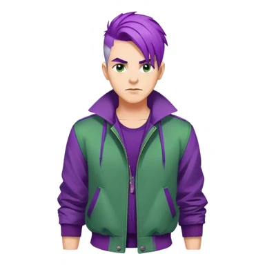 Man with stylish green jacket and purple hair, strong pose, bold expression, modern clothing style sticker