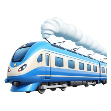 A 3D cartoon sleek white bullet train on tA 3D cartoon passenger train with blue carriages and visible windows, moving through countryside, Memoji-style.racks, high-speed motion blur, clean lighting, Memoji-style realism. sticker