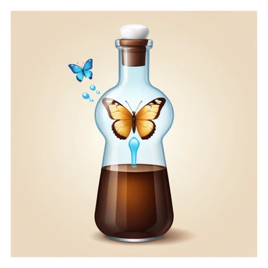 Small dark brown bottle with white cap floating next to a bright translucent butterfly-shaped thyroid icon, representing connection with metabolism and hormonal system sticker