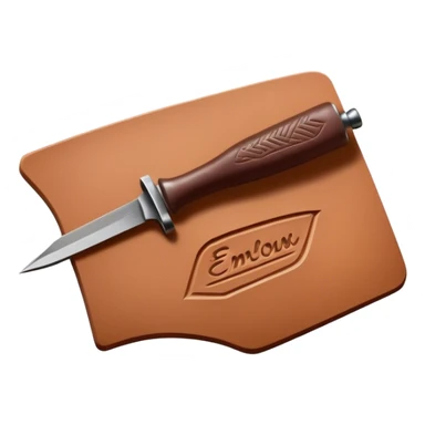Leatherworking icon, piece of raw leather with started engraving, engraving tool or chisel, stamp or press, textured surface, minimalistic style, clean lines, transparent background. sticker