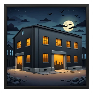 cinematic realistic ultra HD - a warehouse in a secluded place, at night with broken walls sticker