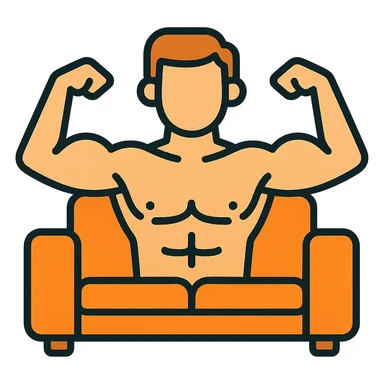 Make the muscular man shirtless, sitting on a couch, keep the color outline icon style, with no background. sticker