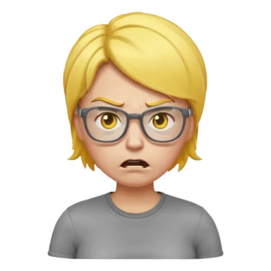 stylized angry mom emoji with yellow hair, glasses, gray shirt and pants, emoji-like expression sticker