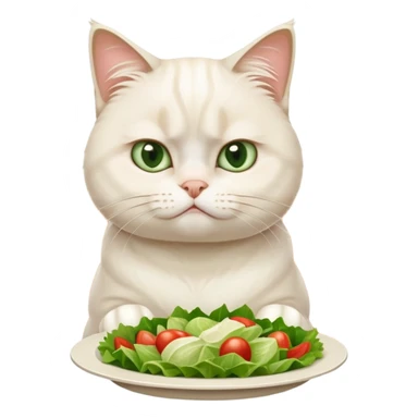 grumpy white cat sitting at a table, looking confused with its ears slightly back. In front of the cat is a plate with a salad sticker