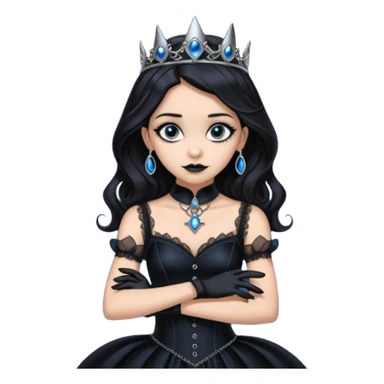 Slim fitting seductively dressed, Holed and worn Lavish black evening gown with see-through wispy black gloves, holding arms-crossed pose witchy Jenna Ortega as student Addams woman wearing a steampunk style mini tiara, very large blue evil-looking horned old evil eyes  sticker