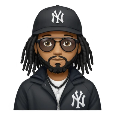 African American man with shoulder length black dreadlocks with black beard wearing black sunglasses wearing a black New York Yankees logo baseball cap wearing a black bubble winter coat with hands down sticker