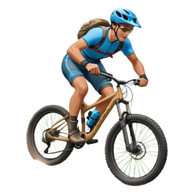 An icon featuring a mountain bike with thick tires on a rugged trail. A cyclist in a helmet rides downhill, kicking up dust. The background showcases a breathtaking mountain landscape with green slopes, rocky peaks, and a bright blue sky. Transparent background emphasizes adventure and speed sticker