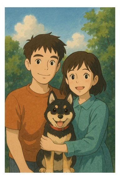 couple with pet posing for photo sticker