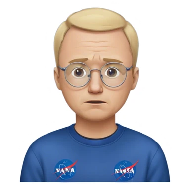 angry fat man, crying like a kid,  blond short and hight receding hairline, wearing a dark blue sweatshirt, nasa logo on the sweatshirt, round glasses without frame, 40 years old sticker