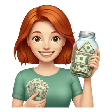 redhead woman with big smile holding glass jar with money bills inside sticker