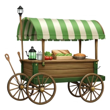 classic wooden carriage-style food wagon with four large wooden wheels, curved handles, green and white striped canopy, green flag with crossed fork and knife on the left, black lantern on the right, kitchenware inside sticker