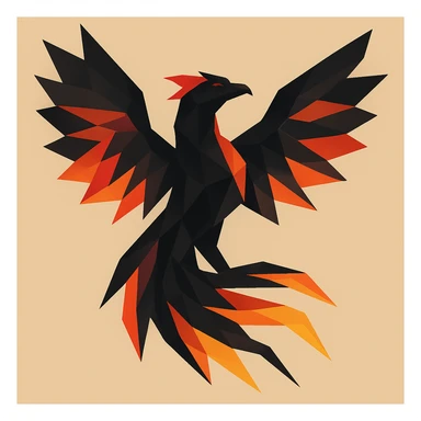 Transform this polygonal phoenix into a dark phoenix: make the bird's body black, with shining, vivid flames in orange, red, and yellow. Keep the background as is. sticker