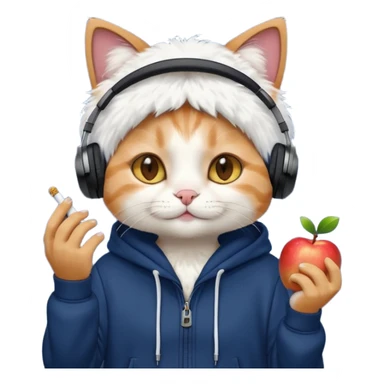 cat in headphones, in a dark-blue almost black oversized hoodie with a cigarette in his hand, more apple-like emoji  sticker