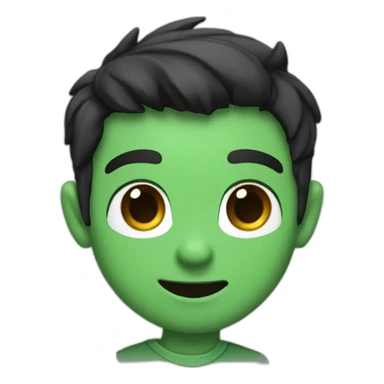 An imp with black hair and brown eyes and a smile in a green shirt with a white T-shirt and with dark brown horns on his head that turn blue at the ends sticker