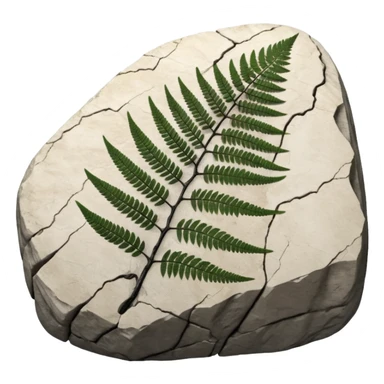 3D render of Fern Imprint, embedded in a chunk of rough sedimentary rock, cracked stone texture, ancient fossil aesthetic, black carbon imprint on a white limestone rock, matte dry finish, Apple emoji style, isolated on white background --v 6.0 sticker