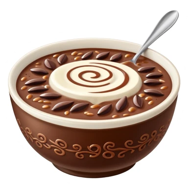 realistic emoji of champorado, detailed chocolate rice porridge in a bowl, visible rice grains, glossy chocolate texture, swirls of condensed milk on top, appetizing and true-to-life sticker