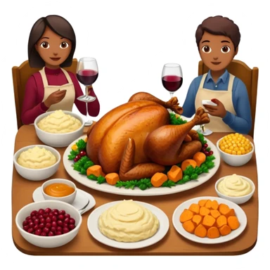 Thanksgiving Dinner with 6 friends of all different races around the table; have the food be a cooked turkey, mashed potatoes, corn, a basket of biscuits, a small bowl of cranberry sauce, baked yams, steamed vegetables, and a bottle of wine. sticker
