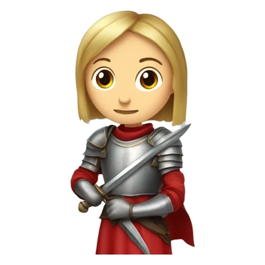 Joan of arc in medieval armor kneels, looking upward, with hands resting on a large sword. They're dressed in a red garment under the armor. sticker