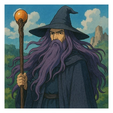mysterious wizard with long flowing purple hair, holding a staff, fantasy illustration style sticker