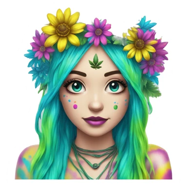420 Tie dye hippie person flower crown tattoos hemp leaves metallic iridescent holographic blue cyan green pink yellow hazard stripes dark colours sticker