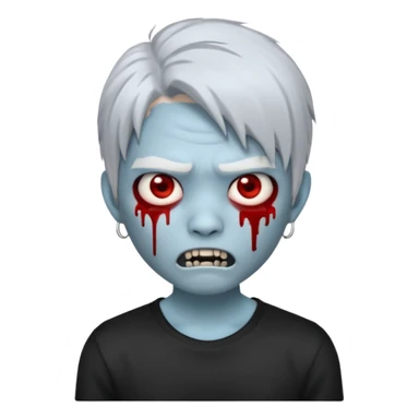 Create a 3D emoji-style avatar with very pale blue-grey zombie skin like the reference image, a young Asian face, and large eyes with blood tears. Give it white mullet-style hair, silver hoop earrings, and a plain black T-shirt. The face expression should be slightly angry, wwhite vampire teeth sticker