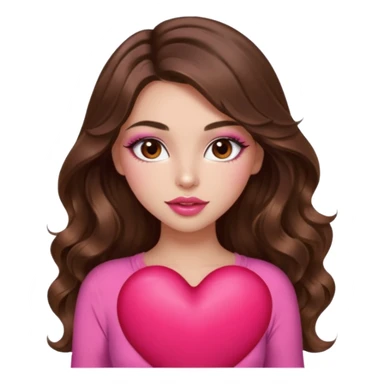 girl with long wavy brown hair, brown eyes, long lashes makeup, sexy pink lips, light to medium complexion, wearing a pink sexy top, squeezing a big heart sticker
