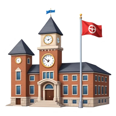 school building with a clock tower and flag on top sticker