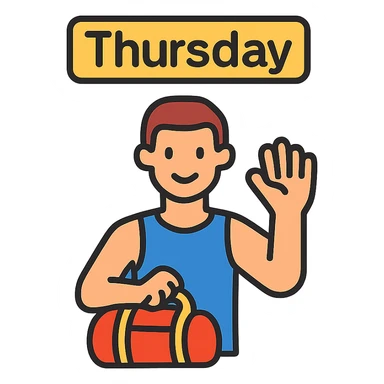a sportsman holding his gymbag waving his hand goodbye. The word Thursday is above the sportsman sticker