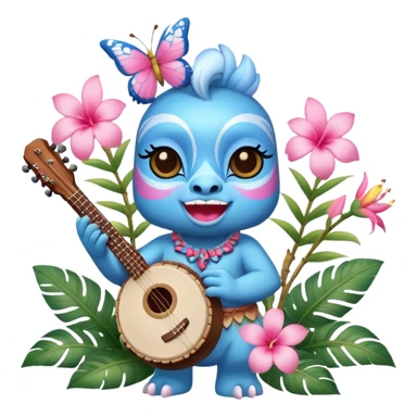 Pixar style little Blue and pink tiki singing with a butterfly, banjo, and tropical flowers, ultra detailed and lifelike imagery, realistic sticker