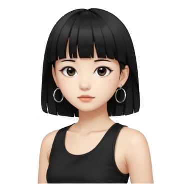 Korean girl, black tank top, black hair, black eyes, layered hair, cool girl, aesthetic, long hair, hime cut, blunt bangs, small silver hoop earrings sticker