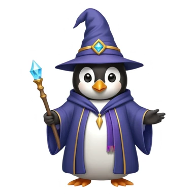 penguin wearing a wizard hat and robe, holding a magic wand sticker