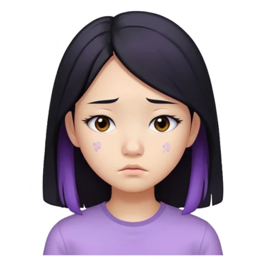 Asian girl, long black hair, lilac bando, white shirt, sad, with visible acne on her cheek sticker