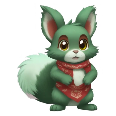 Cute, Chibi, chubby, fluffy, Kemono-style, Anthro, Fur-Sona, Dark-Red, Squirrel-Rabbit-hybrid-Fakémon, with a green bandana, full body sticker