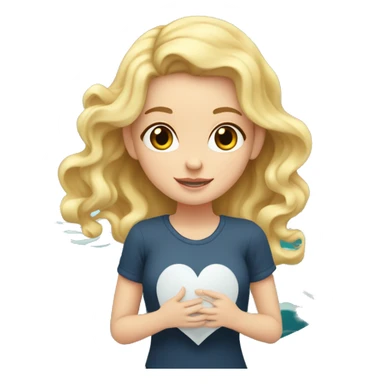 white girl with blonde wavy hair holds a heart in her hands, inside of heart there are sea waves  sticker