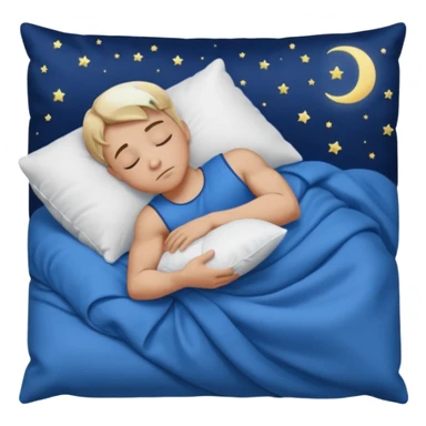 “A young muscular male with short dark-blonde hair and medium-light skin, wearing blue cloth. He sleeps on his side, holding a soft white pillow, his head on a smooth blue pillow. A sleeping symbol floats above him in the dark, nighttime scene. A flowing blue blanket with silky folds covers him. sticker