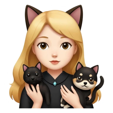 The girl is holding a black cat and a Shiba Inu sticker