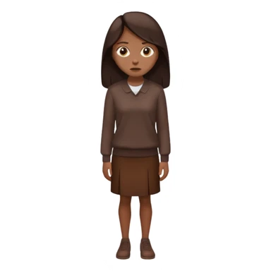 =Cartoon emoji of a woman with long, loose dark hair, wearing chocolate-colored clothes. Full-height, standing, nervous, unsure, worried expression. Slightly hunched, anxious posture. Smooth, simple, stylized sticker