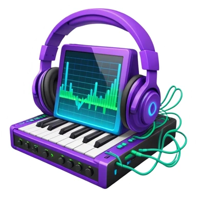 Create a creative and technical emoji that represents sound design. The design should feature a soundwave, a pair of studio headphones, and an audio synthesizer or soundboard to symbolize the manipulation and creation of unique soundscapes. Add subtle elements like audio cables, a mixing console, or a waveform to reflect the technical aspect of sound design. Use vibrant, futuristic colors like neon blue, purple, and green to represent innovation and creativity in sound. The background should be transparent. sticker