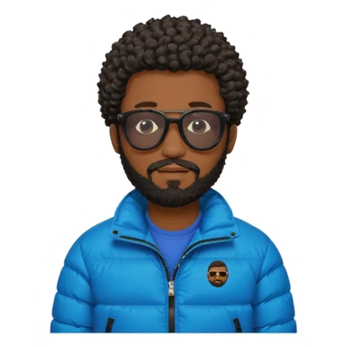 Black man with black sunglasses and curly short
 hair with a full beard and sideburns in a puffer jacket sticker
