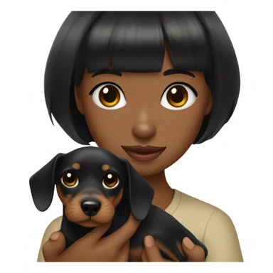 black neat bangs chinese girl holding a black and tan dachshund  sticker