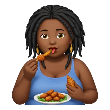 Fat black lady with black dreadlocks eating a small chicken wing sticker