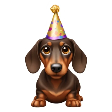 Miniature chocolate brown and tan dachshund wagging its tail wearing a party hat sticker