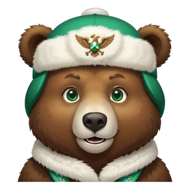 Cheerful brown bear head with emerald green eyes wearing white winter ushanka hat with double-headed eagle symbol centered, Russian themed sticker
